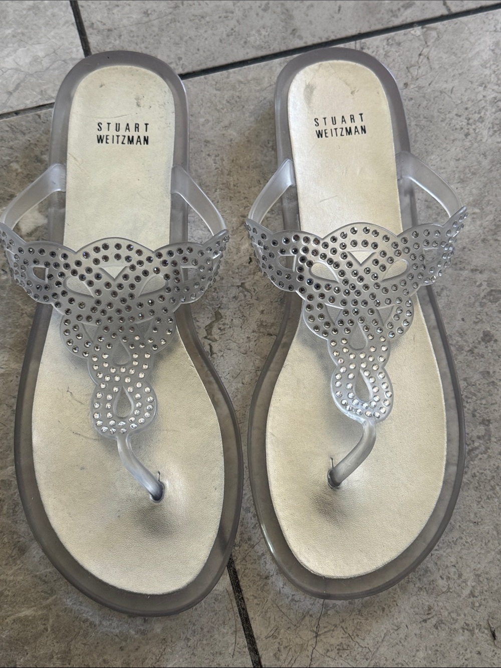 Stuart Weitzman Silver Clear Rhinestone Thong Sandals